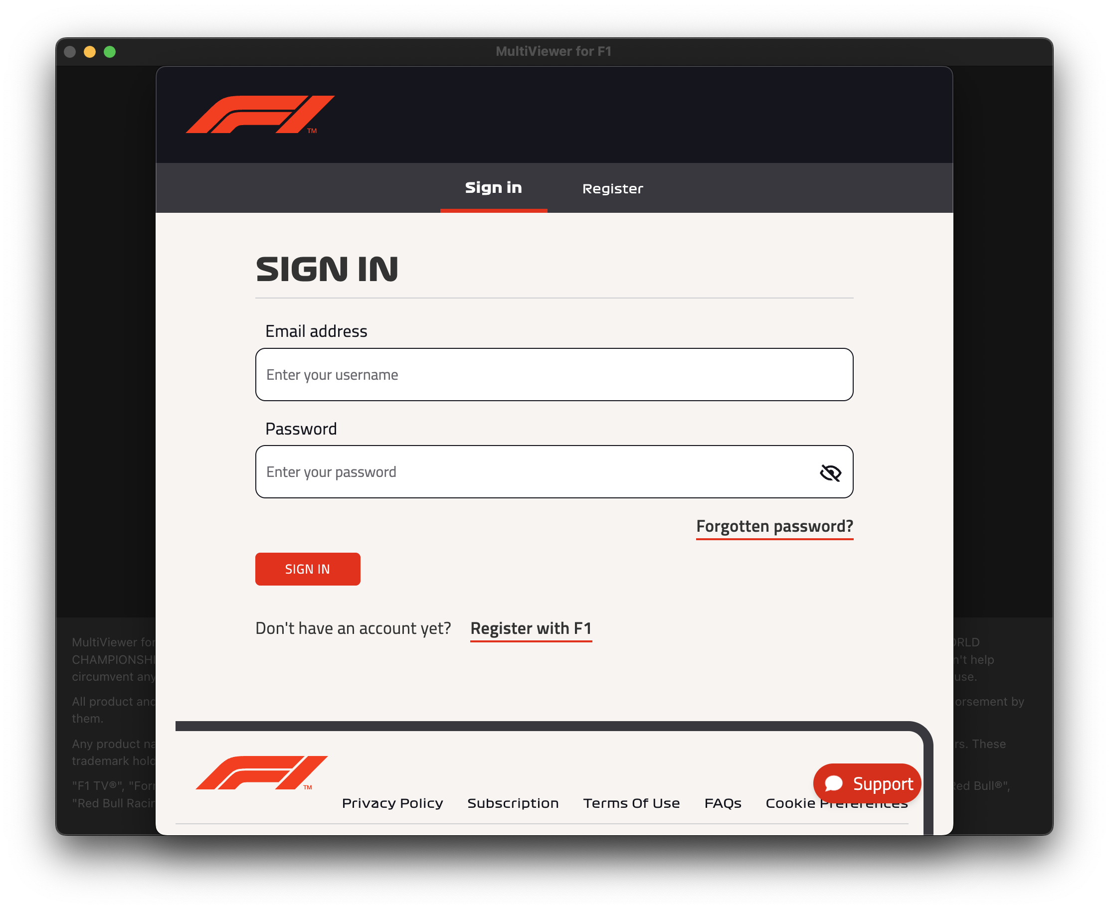 Screenshot showing the F1TV login screen