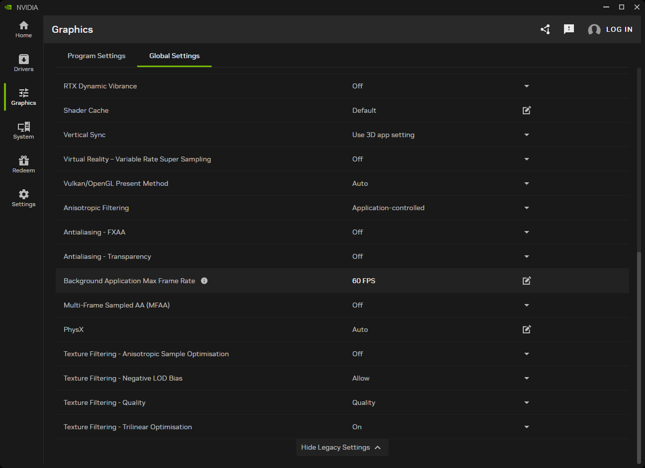 The NVIDIA App's Graphics page on the Global Settings tab, with legacy settings expanded and Background Application Max Frame Rate showing 60 FPS