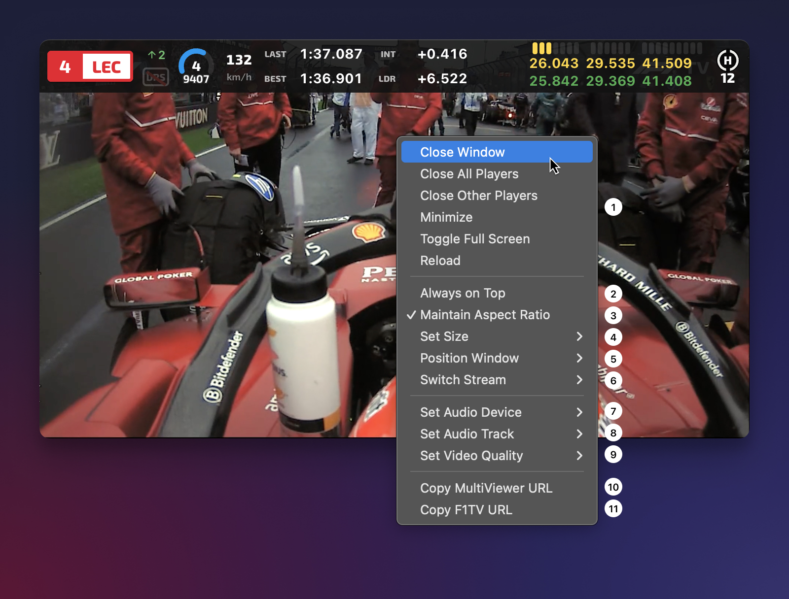 Screenshot showing the context menu in a player window